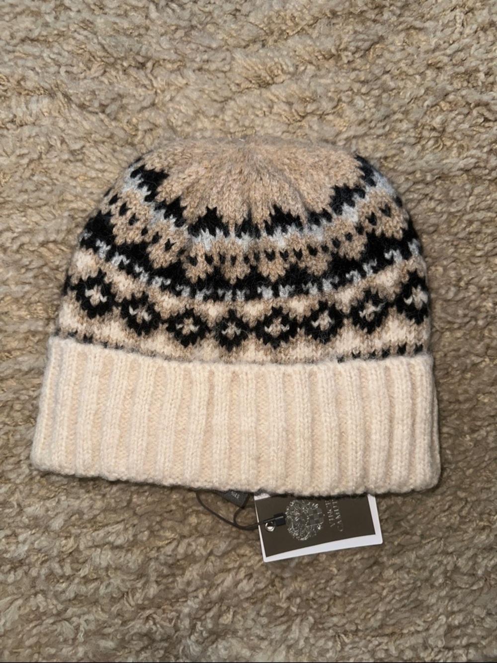 NWT Vince Camuto Ivory and Blue Brushed Fair Isle Beanie